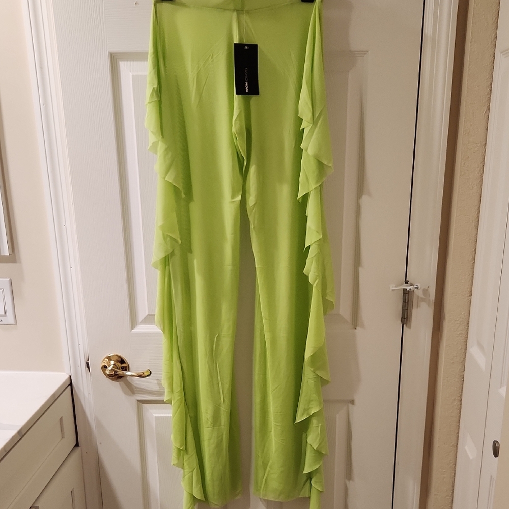 Fashion Nova Neon Green Ruffle Swim Coverup Pants - Brand New Size Large